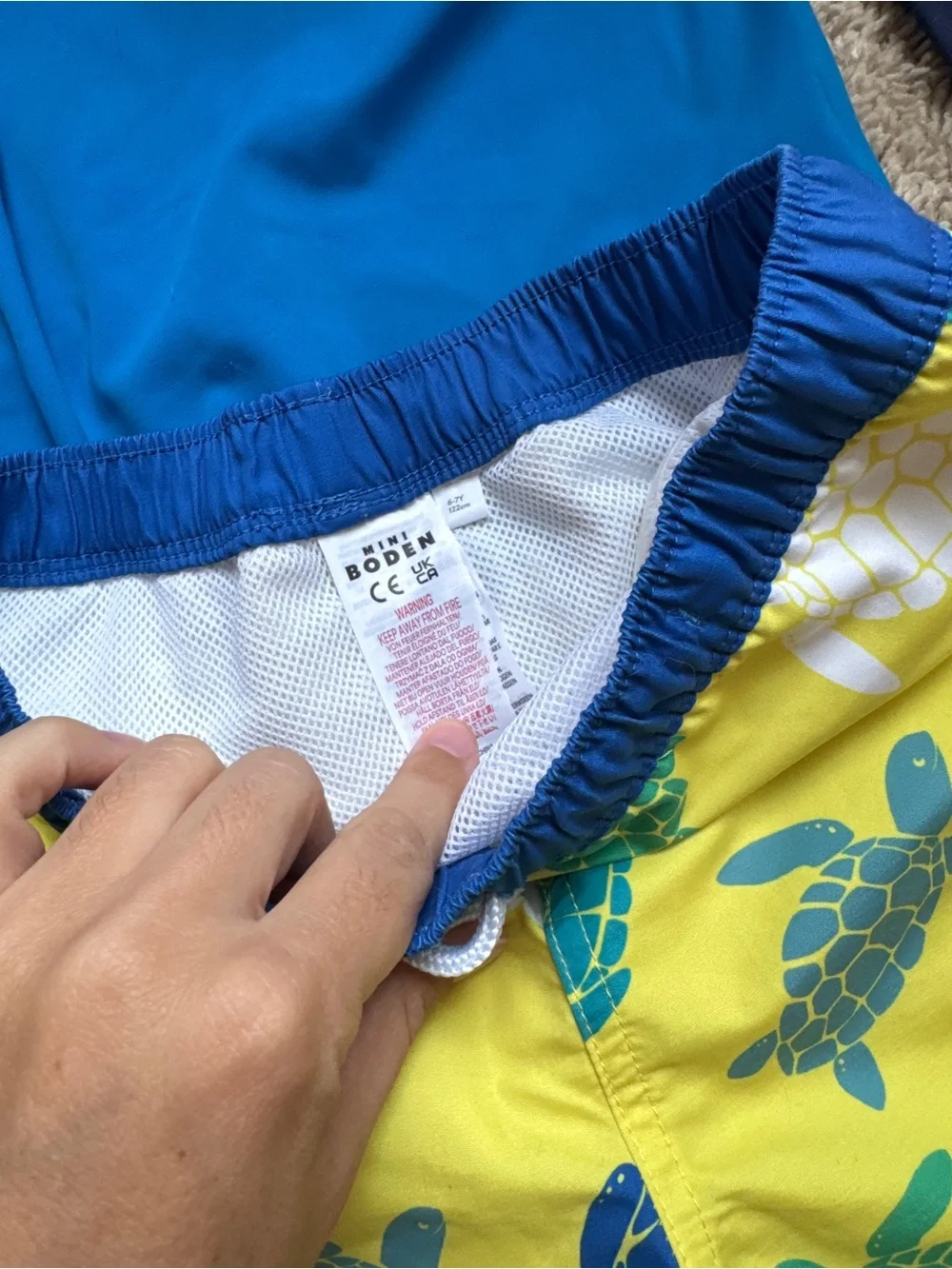 Mini Boden Kids Blue Rash Guard with Yellow Turtle Swim Shorts
